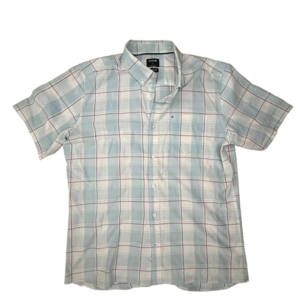 Hurley Men's White and Blue Plaid Button-Down Short Sleeve Shirt